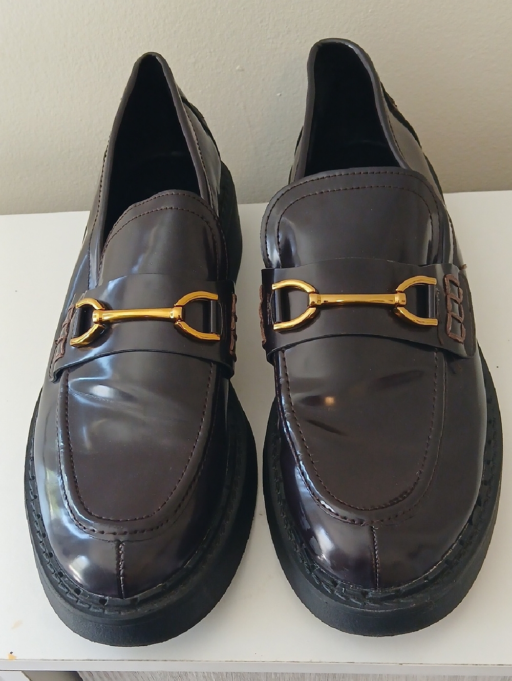 Zara Dark Brown Leather Bit Loafers with Gold Hardware